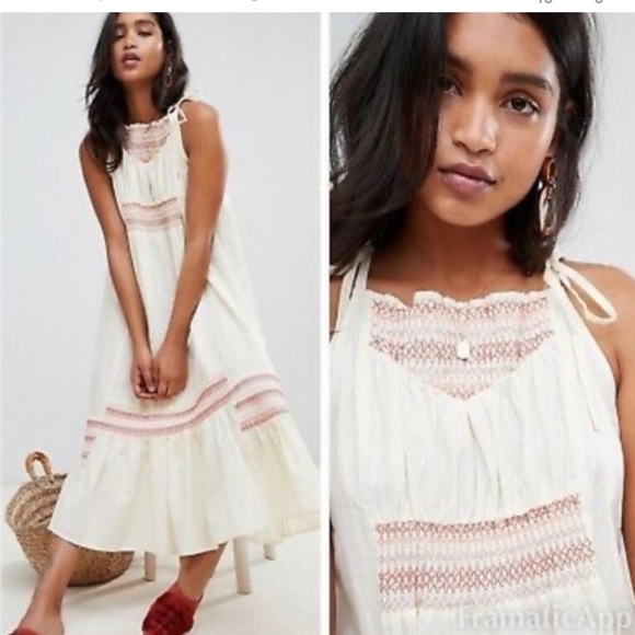 FREE PEOPLE | Another Love Smocked Midi Dress Sz S Linen Cotton Blend - Picture 2 of 8